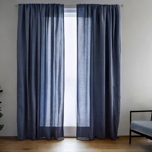Set Of Two Navy Blue Color Linen Curtain