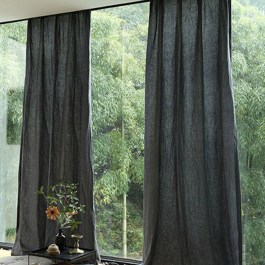 Set Of Two Black Color Linen Curtain
